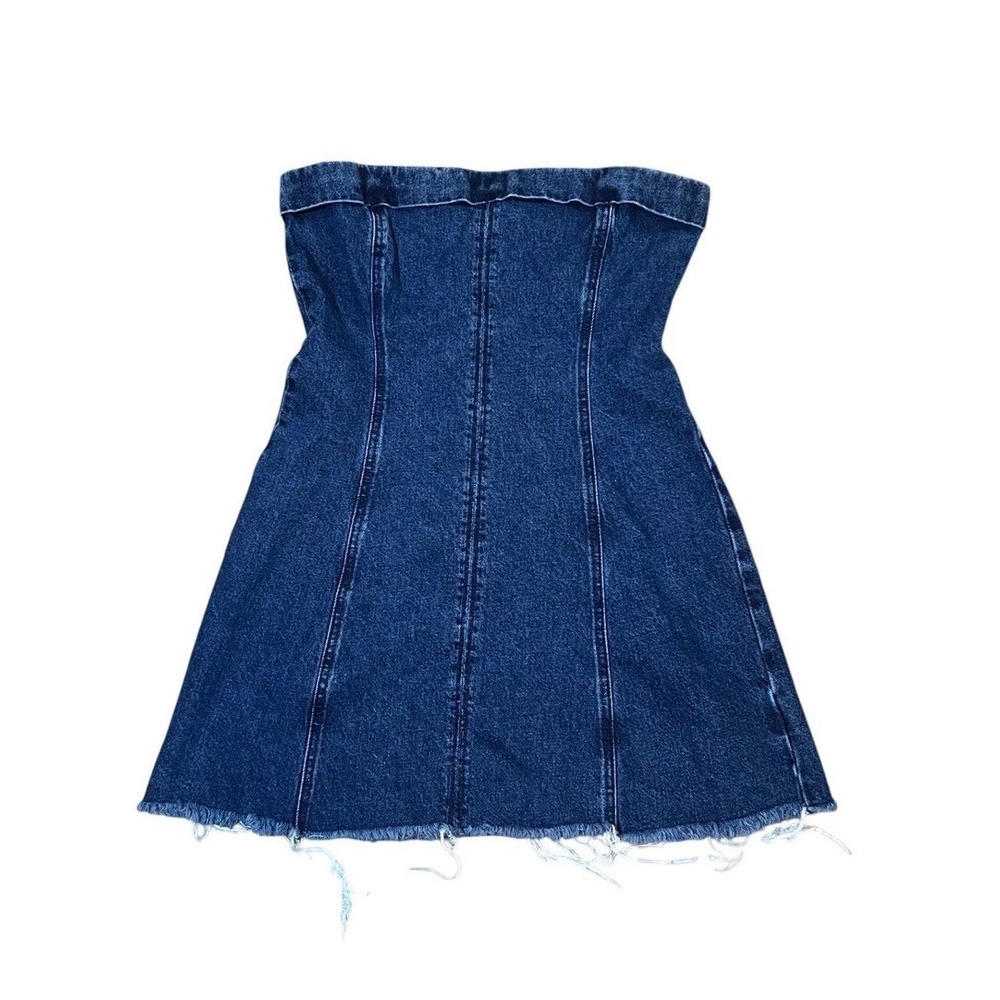 WEWOREWHAT Mini Denim Strapless Zipper Front Dress Frayed Hem M